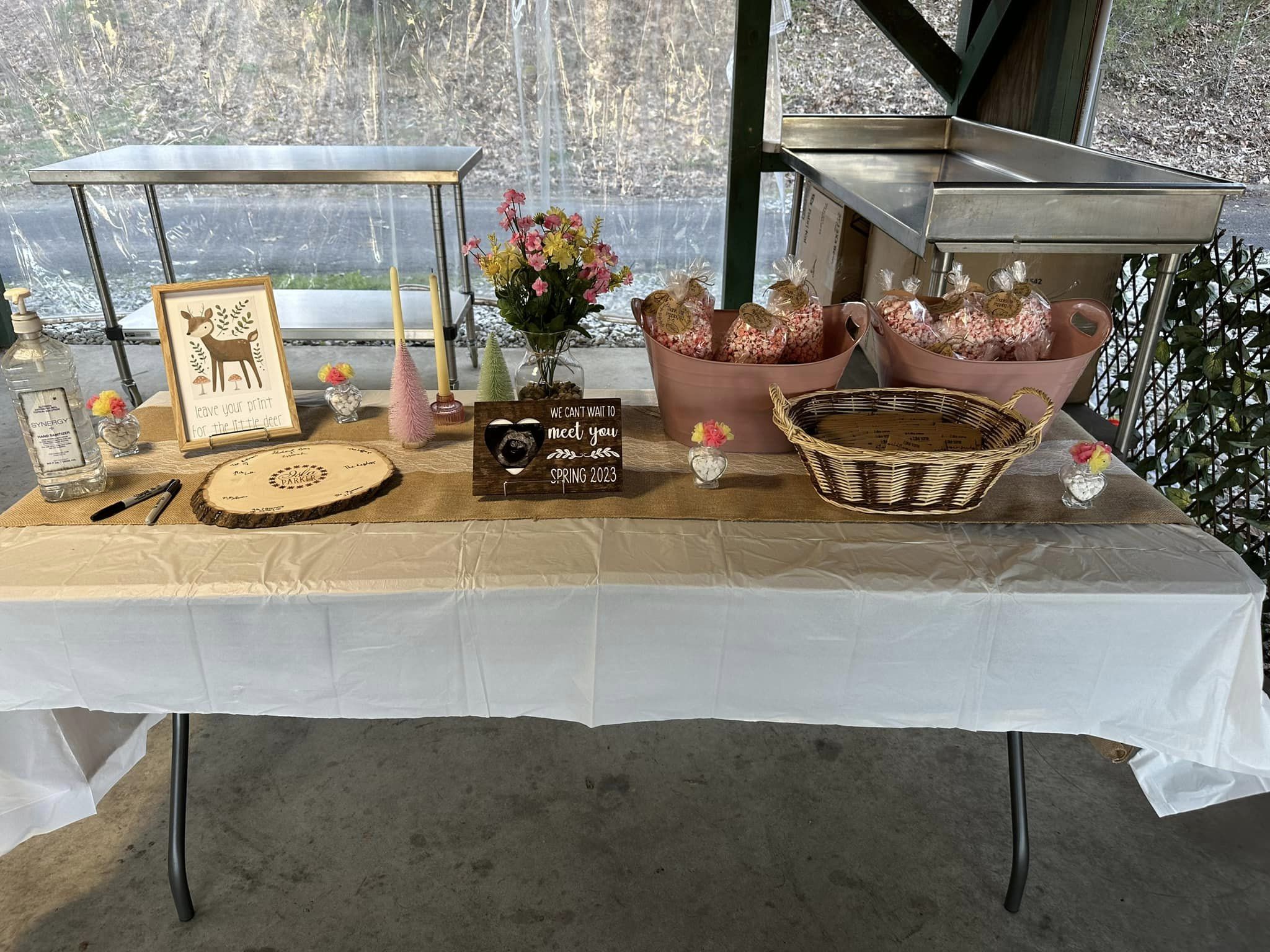 baby shower table with woodsy and pink theme